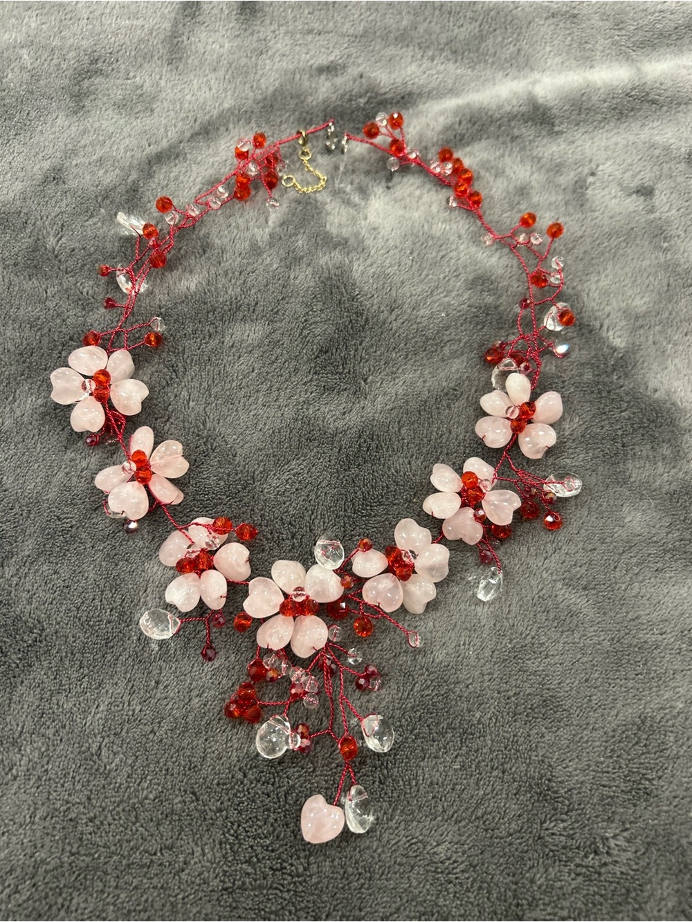 Handcrafted Rose quartz and Red crystal Floral Statement Necklace